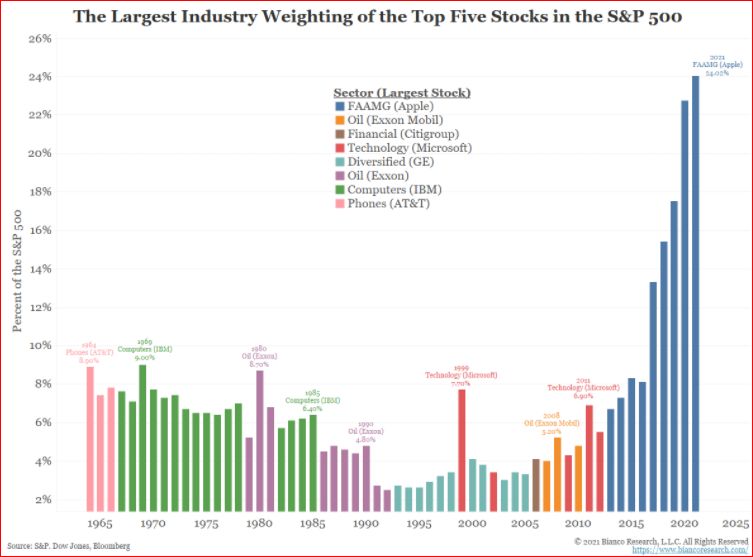 De grootste sectorwegingen van de top 5 aandelen in de S&P 500