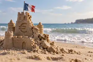 Voor de afbeelding kies ik een foto van een zandkasteel dat instort, wat de kwetsbaarheid en druk symboliseert waar de euro onder lijdt door de Franse economische krimp en politieke onzekerheid. Dit sluit aan bij de centrale ontwikkeling van de euro die op drijfzand rust, ondanks een tijdelijke opleving.