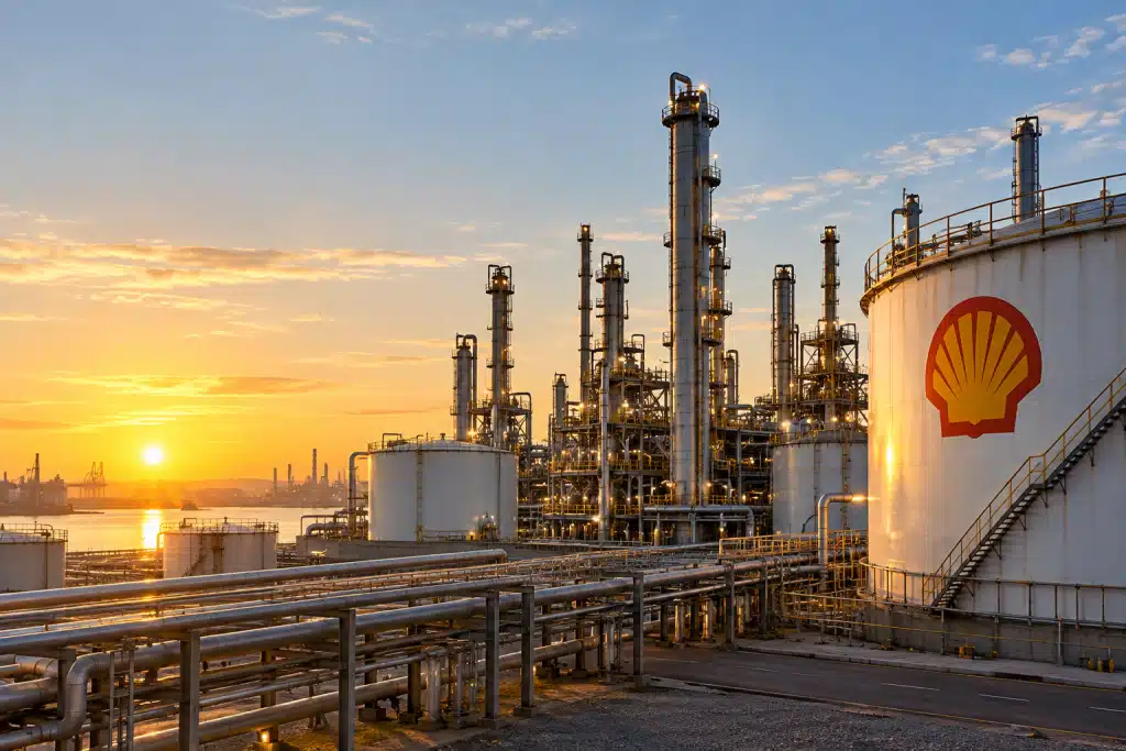Het gekozen onderwerp is een olie- en gasinstallatie van Shell, die het succes van het bedrijf en de verhoogde aandeleninkoop symboliseert. De afbeelding toont een Shell-raffinaderij met een opkomende zon op de achtergrond, wat de groei en positieve ontwikkeling van het bedrijf benadrukt.