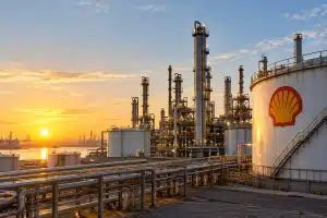 Het gekozen onderwerp is een olie- en gasinstallatie van Shell, die het succes van het bedrijf en de verhoogde aandeleninkoop symboliseert. De afbeelding toont een Shell-raffinaderij met een opkomende zon op de achtergrond, wat de groei en positieve ontwikkeling van het bedrijf benadrukt.