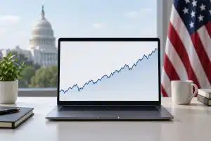 Voor de afbeelding kies ik de S&P 500-index als onderwerp, weergegeven door een grafiek die een stijgende lijn toont. Deze grafiek symboliseert het herstel en de winstkansen na de tussentijdse verkiezingen. De achtergrond toont een subtiele Amerikaanse vlag om de context van de verkiezingen aan te geven, wat de centrale ontwikkeling van de situatie benadrukt.